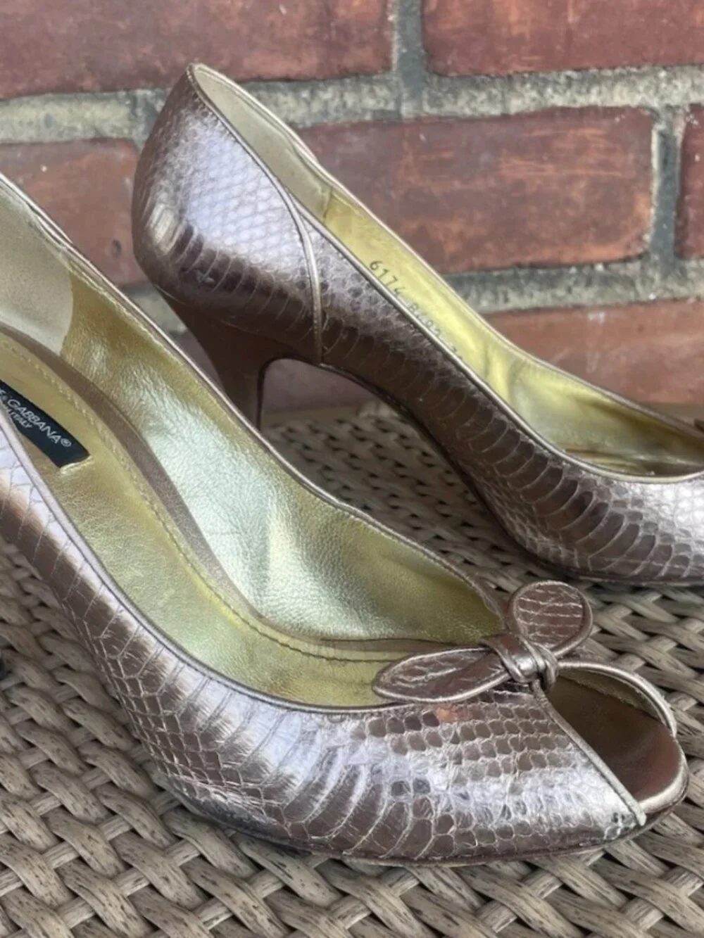 Dolce Gabbana Metallic Gold Bronze Snakeskin Peep Toe Bow Tie Heels Pumps